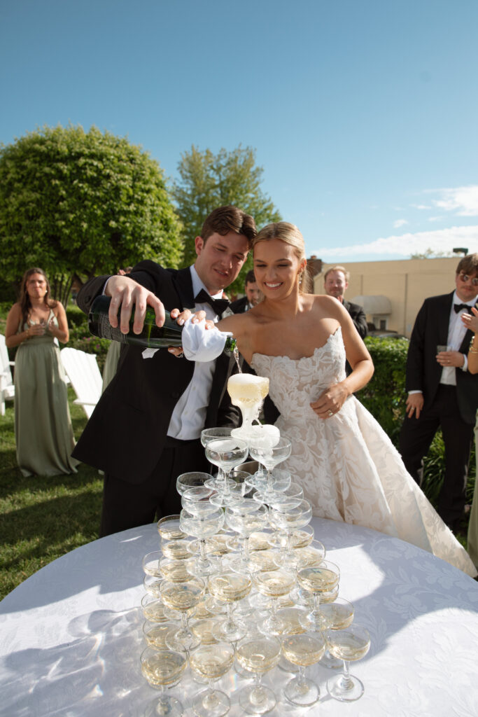 Bride and groom champagne tower